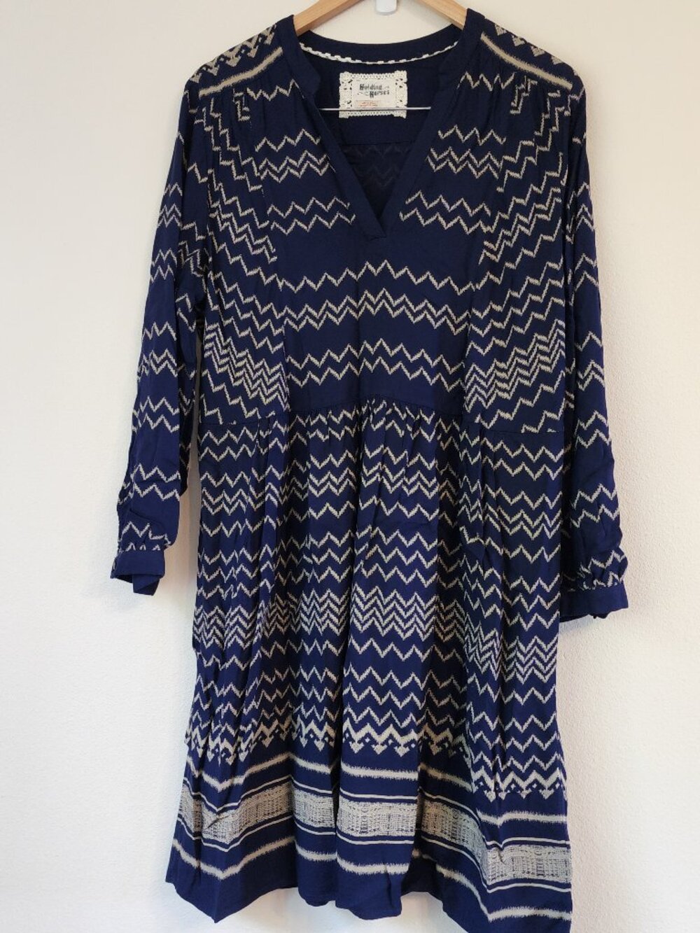 Anthropologie Holding Horses Farica Chevron Navy Beige Boho Shirt Dress L  Flaw